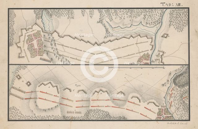 Two plans - defensive lines and distribution of troops near settlements, 2nd half 18th century. Creator: Unknown.