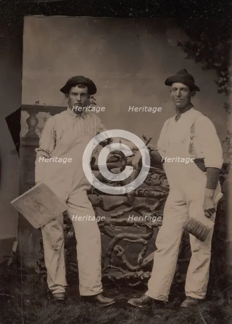 Two Plasterers in Overalls Leaning on a Rustic Fence, 1870s-80s. Creator: Unknown.
