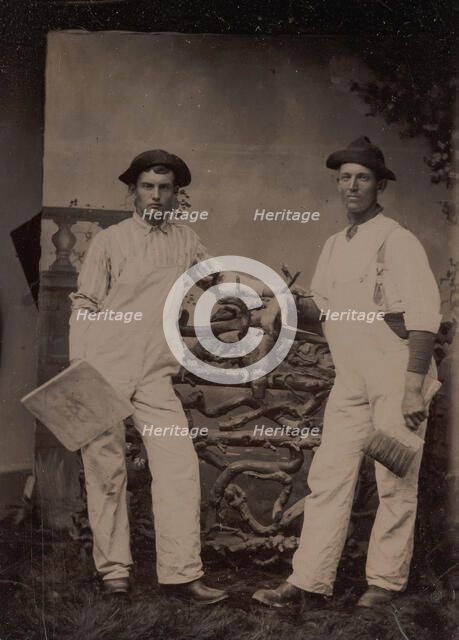 Two Plasterers in Overalls Leaning on a Rustic Fence, 1870s-80s. Creator: Unknown.