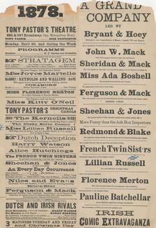 Two playbills advertising Tony Pastor's Vaudeville acts, ca. 1878., 1875 - 1880. Creator: Unknown