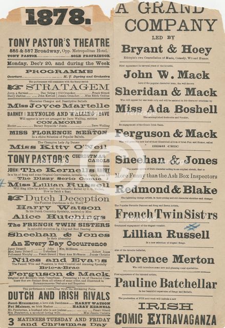 Two playbills advertising Tony Pastor's Vaudeville acts, ca. 1878.,  1875 - 1880. Creator: Unknown.