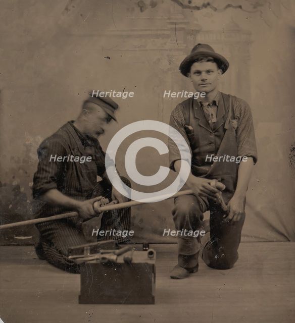 Two Plumbers with a Pipe, Pipe Cutter, and Toolbox, 1870s-80s. Creator: Unknown.