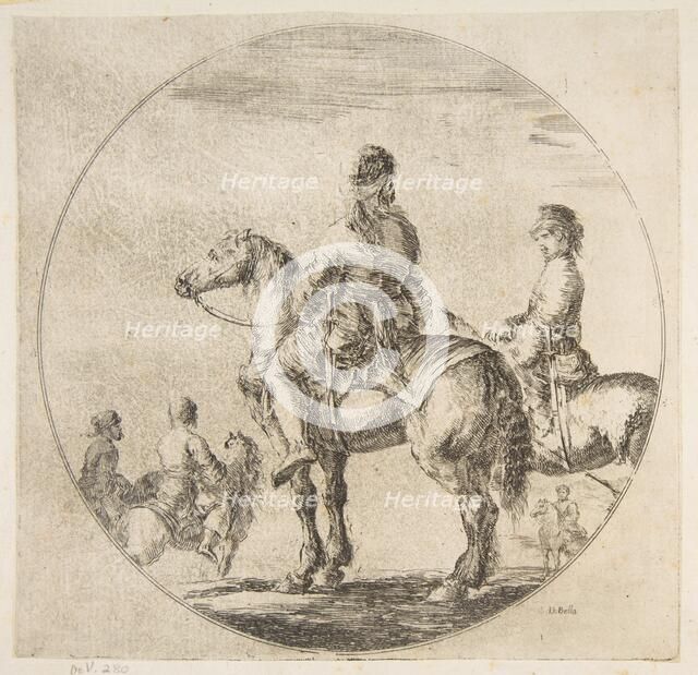 Two Polish horsemen with their horses facing left, from 'Figures on Horseback' (Cavali..., ca. 1651. Creator: Stefano della Bella.