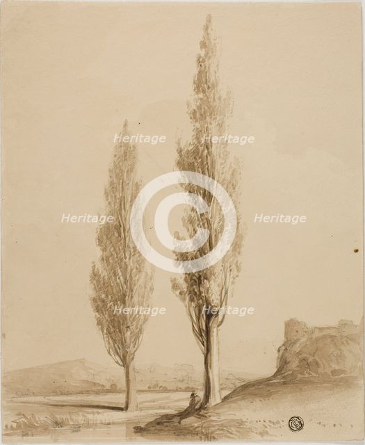 Two Poplars and Seated Figure Beside Stream, n.d. Creator: Unknown.