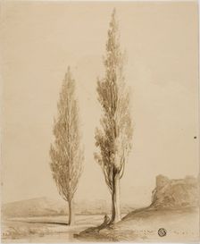 Two Poplars and Seated Figure Beside Stream, n.d. Creator: Unknown