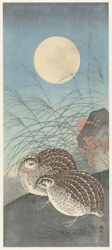 Two quail at full moon. Creator: Ohara, Koson (1877-1945)