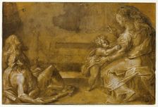 Two Reclining Beggars, and Seated Mother and Child, at Foot of Steps, n.d. Creator: Girolamo Macchietti