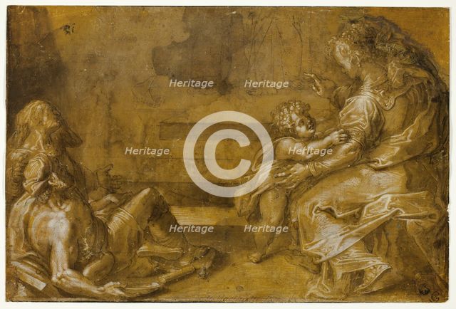 Two Reclining Beggars, and Seated Mother and Child, at Foot of Steps, n.d. Creator: Girolamo Macchietti.