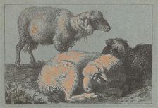 Two Reclining Sheep and One Standing Sheep, 1757/1758. Creator: Francesco Londonio