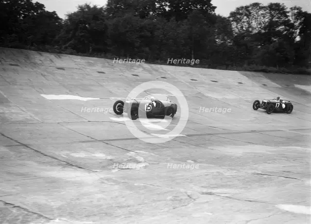 Two Riley 9 Brooklands racing on the banking at a JCC Members Day, Brooklands. Artist: Bill Brunell.