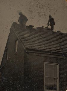 Two Roofers Working Atop a Building, 1860s-80s. Creator: Unknown