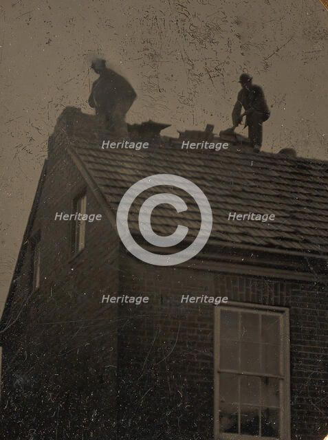 Two Roofers Working Atop a Building, 1860s-80s. Creator: Unknown.