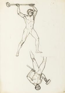 Two standing male figures carrying mallets, for the Albert Hall frieze, by 1871. Creator: Henry Hugh Armstead