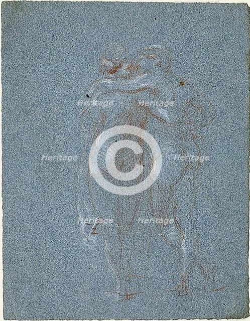 Two Standing Figures, Embracing (recto); Man with Scythe and Sketches of Buildings (verso), 1847/75. Creator: Jean-Baptiste Carpeaux.