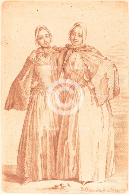 Two Standing Ladies (Demoiselles Quantin), 1758. Creator: Daniel Nikolaus Chodowiecki.