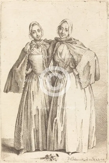Two Standing Ladies (Demoiselles Quantin), 1758. Creator: Daniel Nikolaus Chodowiecki.