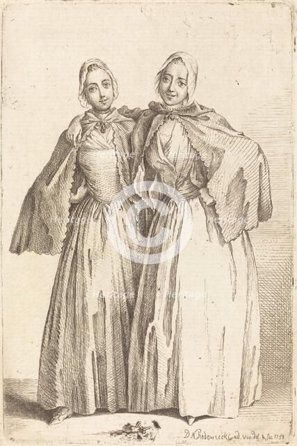 Two Standing Ladies (Demoiselles Quantin), 1758. Creator: Daniel Nikolaus Chodowiecki.