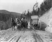 Two stagecoaches passing on mountain road, Yellowstone National Park, Wyoming, 1903. Creator: Frances Benjamin Johnston