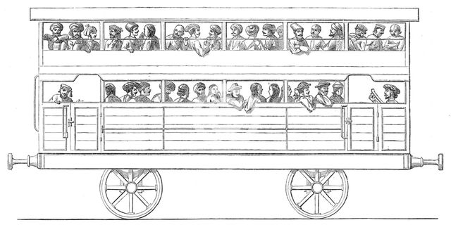 Two-storied third-class carriage on the Bombay, Baroda, and Central India Railway, 1864. Creator: Unknown.