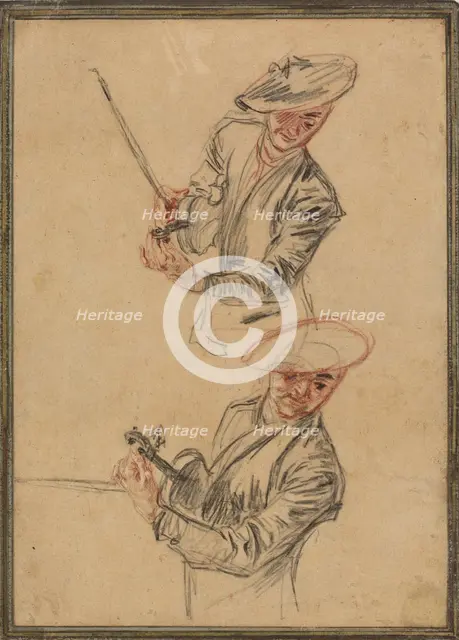 Two Studies of a Violinist Tuning His Instrument, 1717/1718. Creator: Jean-Antoine Watteau.