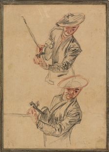 Two Studies of a Violinist Tuning His Instrument, 1717/1718. Creator: Jean-Antoine Watteau
