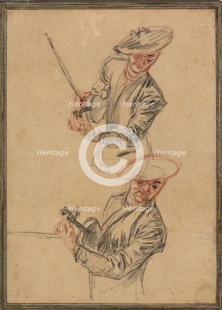 Two Studies of a Violinist Tuning His Instrument, 1717/1718. Creator: Jean-Antoine Watteau.