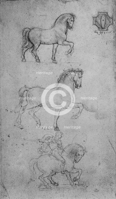 'Two Studies of a Horse and one of a Horse and Rider', c1480 (1945). Artist: Leonardo da Vinci.
