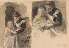 Two studies of a maid teaching a boy to read on her lap, 1874-1927. Creator: Johan Antonie de Jonge