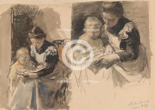 Two studies of a maid teaching a boy to read on her lap, 1874-1927. Creator: Johan Antonie de Jonge.