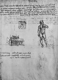 Two Studies of a Nude Figure and the View and Plan of a Building c1480 (1945). Artist: Leonardo da Vinci