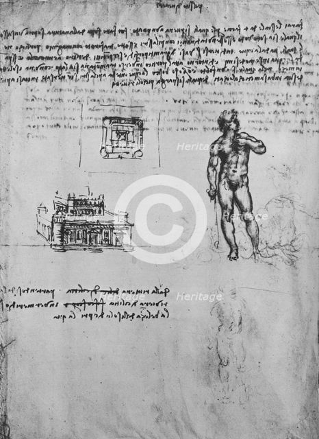 'Two Studies of a Nude Figure and the View and Plan of a Building', c1480 (1945). Artist: Leonardo da Vinci.