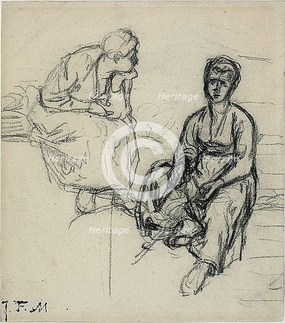 Two Studies of a Seated Peasant Woman (recto); Study of a Young Girl Wearing a Hat (verso), c. 1869. Creator: Jean Francois Millet.