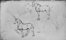 Two Studies of Horses, One of a Galloping Horseman and Others of Horses Legs c1480 (1945). Artist: Leonardo da Vinci