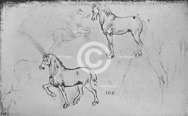 'Two Studies of Horses, One of a Galloping Horseman and Others of Horses' Legs', c1480 (1945). Artist: Leonardo da Vinci.