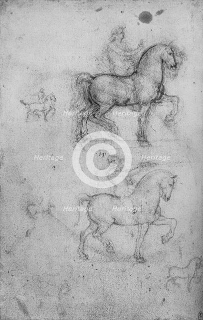 Two Studies of Horses and Riders and Smaller Studies of Horses', c1480 (1945). Artist: Leonardo da Vinci.