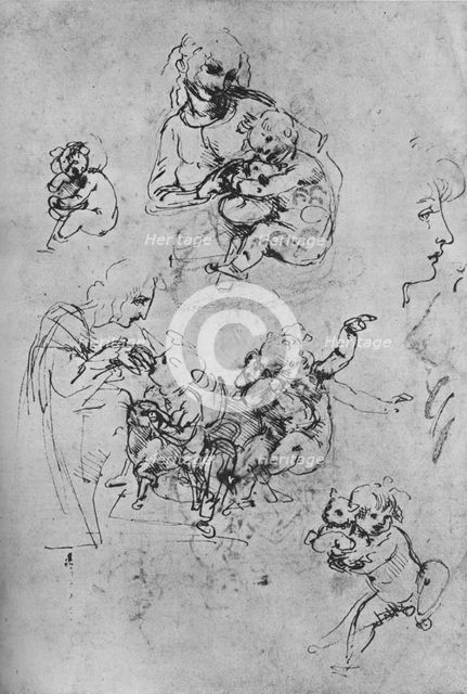 'Two Studies of the Madonna and Child with a Cat and Three Studies of the Child', 1475-1481 (1945). Artist: Leonardo da Vinci.