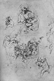 Two Studies of the Madonna and Child with a Cat and Three Studies of the Child 1475-1481 (1945). Artist: Leonardo da Vinci
