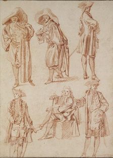 Two Studies of the Doctor in the Italian Comedy and four Officers, 18th century. Artist: Jean-Antoine Watteau
