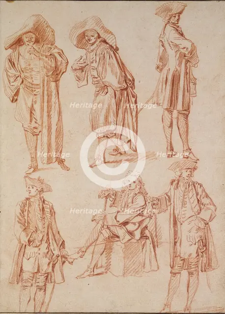 Two Studies of the Doctor in the Italian Comedy and four Officers, 18th century. Artist: Jean-Antoine Watteau.