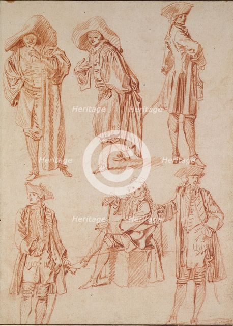 Two Studies of the Doctor in the Italian Comedy and four Officers, 18th century. Artist: Jean-Antoine Watteau.