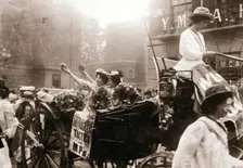 Two suffragettes celebrating their release from Holloway Prison, London, on 22 August 1908. Creator: Unknown