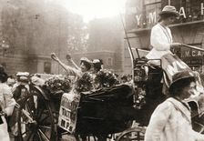 Two suffragettes celebrating their release from Holloway Prison, London, on 22 August 1908