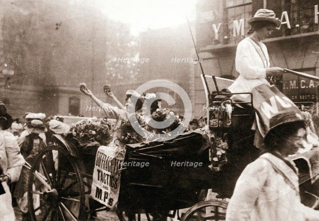 Two suffragettes celebrating their release from Holloway Prison, London, on 22 August 1908. Artist: Unknown