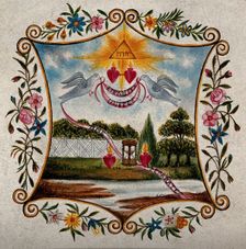 Two Sacred Hearts in a landscape, united by two doves, separated by an hour glass. Creator: Unknown