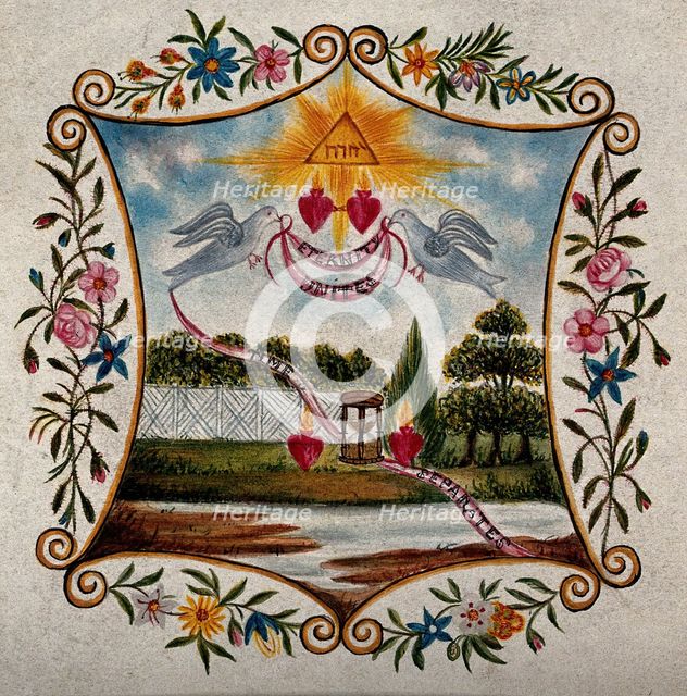 Two Sacred Hearts in a landscape, united by two doves, separated by an hour glass. Creator: Unknown.