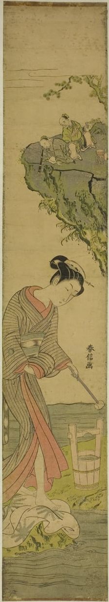 Two Sages Gazing at a Beauty Treading Cloth (parody of Kume Sennin), c. 1769. Creator: Suzuki Harunobu