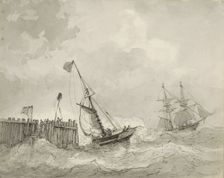 Two sailing ships at a landing place, c.1825-c.1875. Creator: Circle of Petrus Johannes Schotel