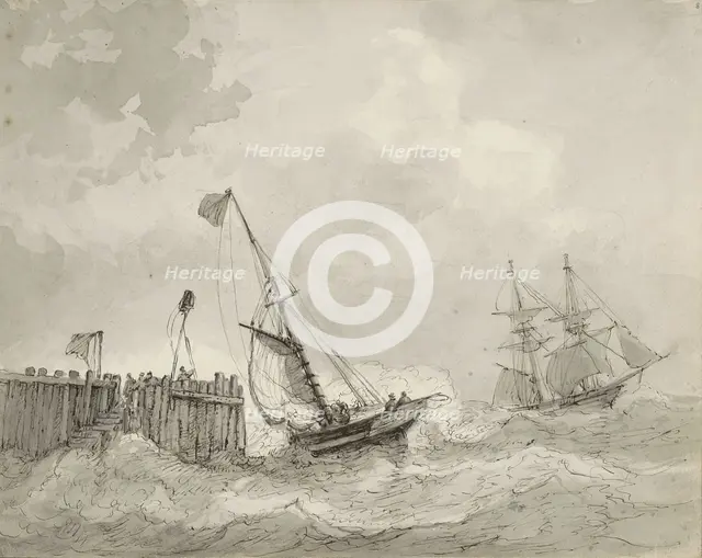 Two sailing ships at a landing place, c.1825-c.1875. Creator: Circle of Petrus Johannes Schotel.