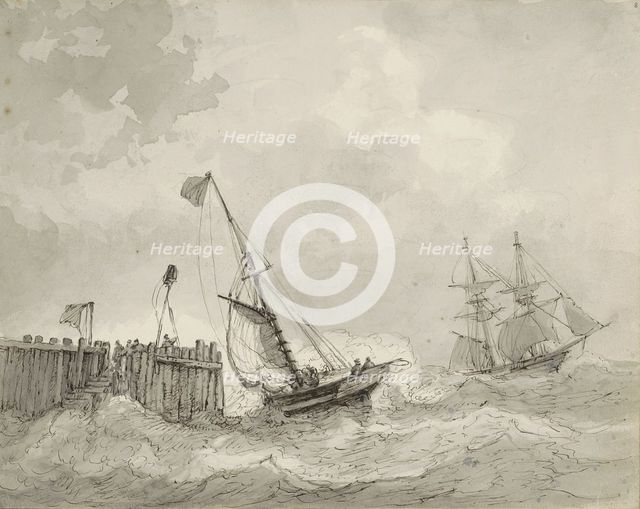 Two sailing ships at a landing place, c.1825-c.1875. Creator: Circle of Petrus Johannes Schotel.