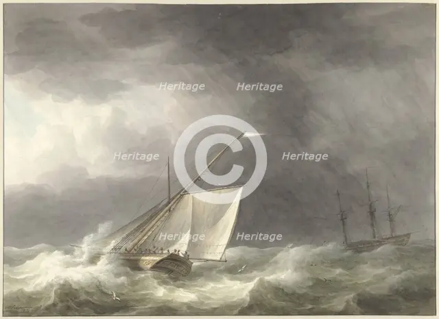 Two sailing ships on turbulent sea, 1803. Creator: Martinus Schouman.